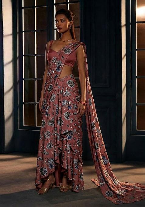 Mauve Printed Crepe Pre Draped Saree Set
