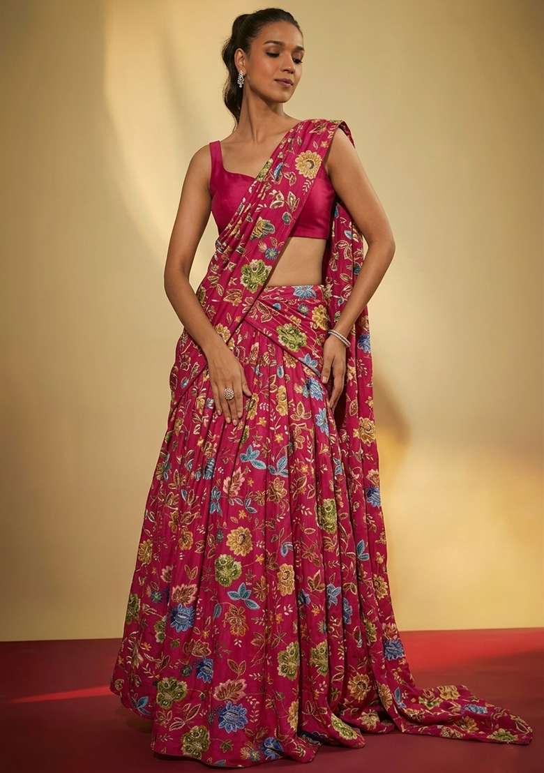 Magenta Pink Printed Crepe Lehenga Set - Indya