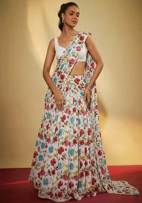 White Printed Crepe Lehenga Set