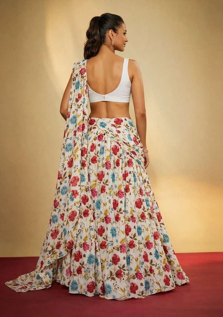 White Printed Crepe Lehenga Set - Indya