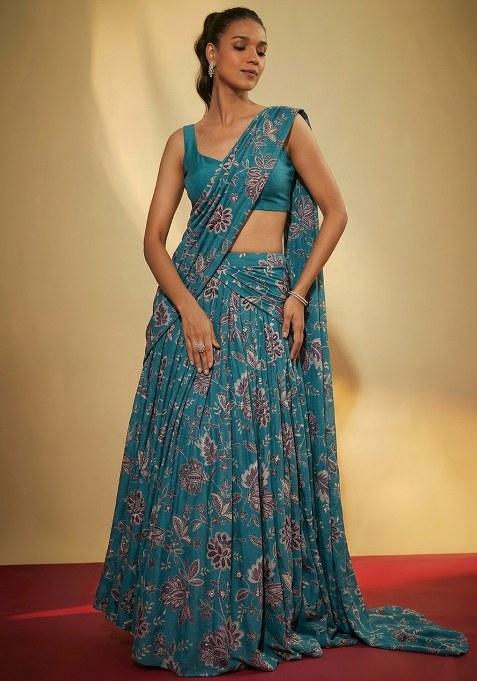 Pastel Blue Printed Crepe Lehenga Set