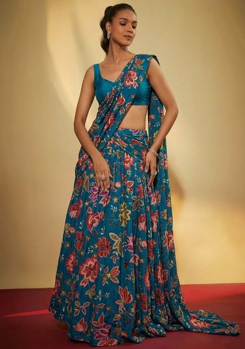 Deep Blue Printed Crepe Lehenga Set