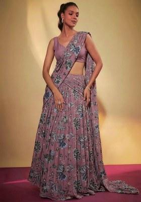 Mauve Printed Crepe Lehenga Set