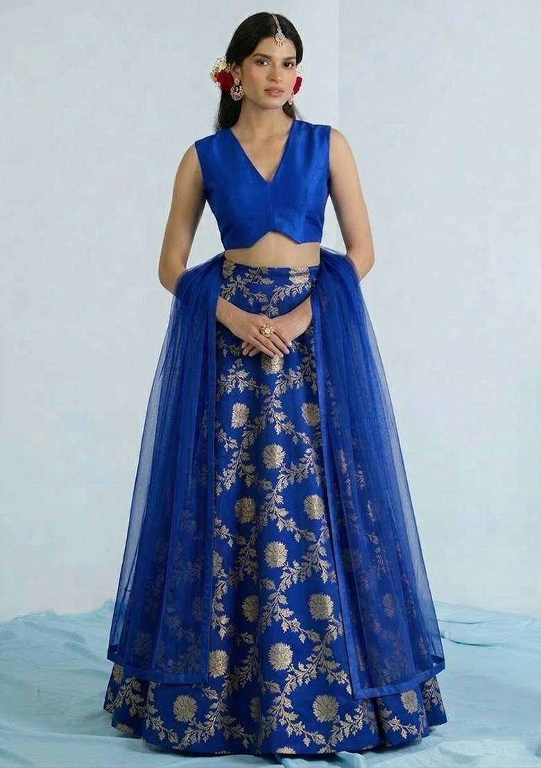Royal Blue Chanderi Lehenga Set for Diwali and Festive Wear - Indya