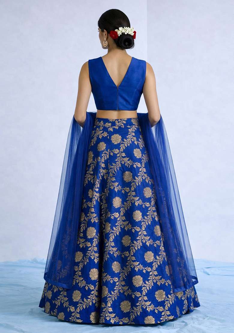 Royal Blue Chanderi Lehenga Set for Diwali and Festive Wear - Indya