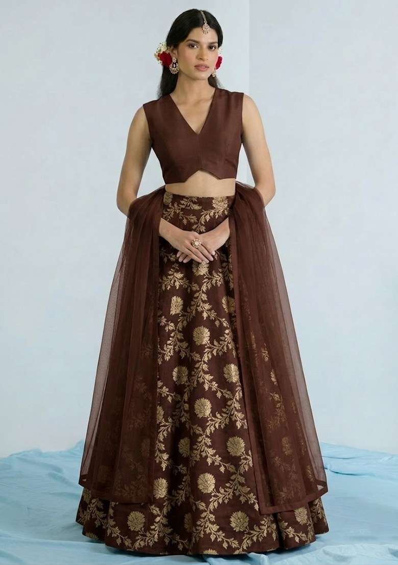 Brown Chanderi Lehenga Set for Diwali and Festive Wear - Indya