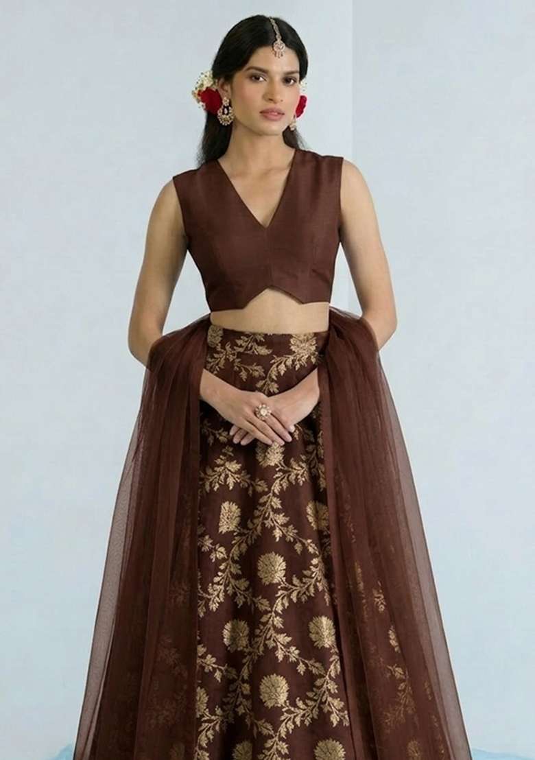Brown Chanderi Lehenga Set for Diwali and Festive Wear - Indya