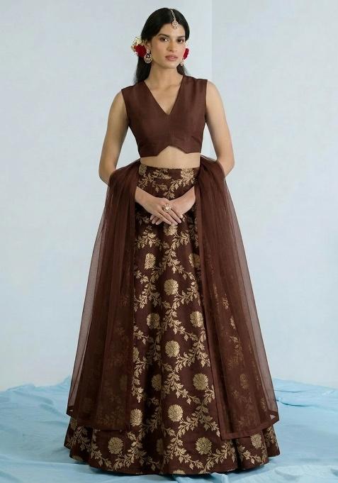 Brown Chanderi Lehenga Set