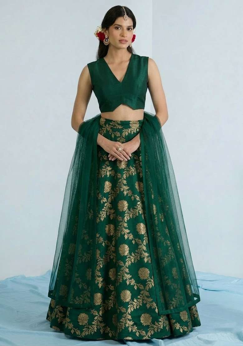Green Chanderi Lehenga Set for Diwali and Festive Wear - Indya