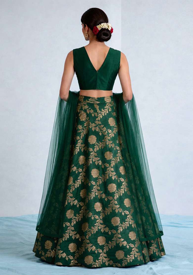 Green Chanderi Lehenga Set for Diwali and Festive Wear - Indya