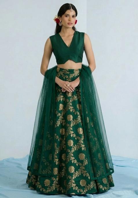 Green Chanderi Lehenga Set