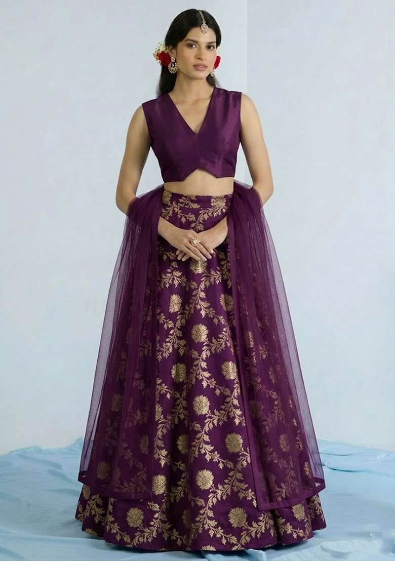 Purple Chanderi Lehenga Set for Diwali and Festive Wear - Indya