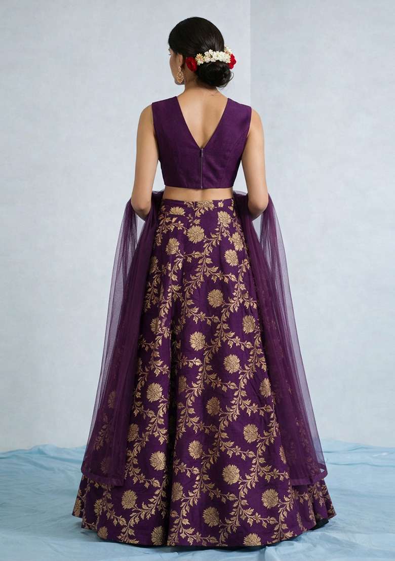 Purple Chanderi Lehenga Set for Diwali and Festive Wear - Indya