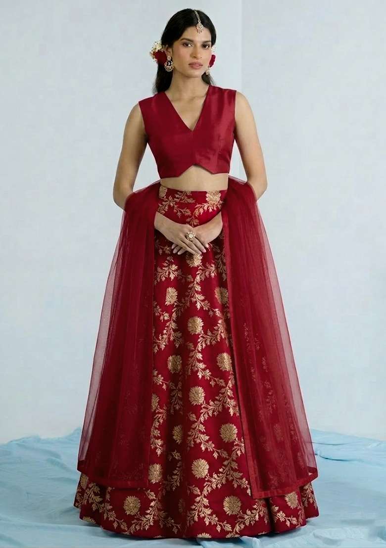 Red Chanderi Lehenga Set for Diwali | Wedding & Festive Wear - Indya