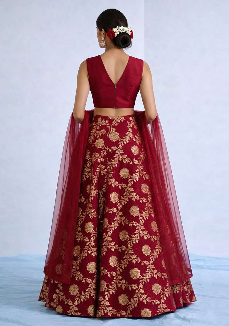 Red Chanderi Lehenga Set for Diwali | Wedding & Festive Wear - Indya