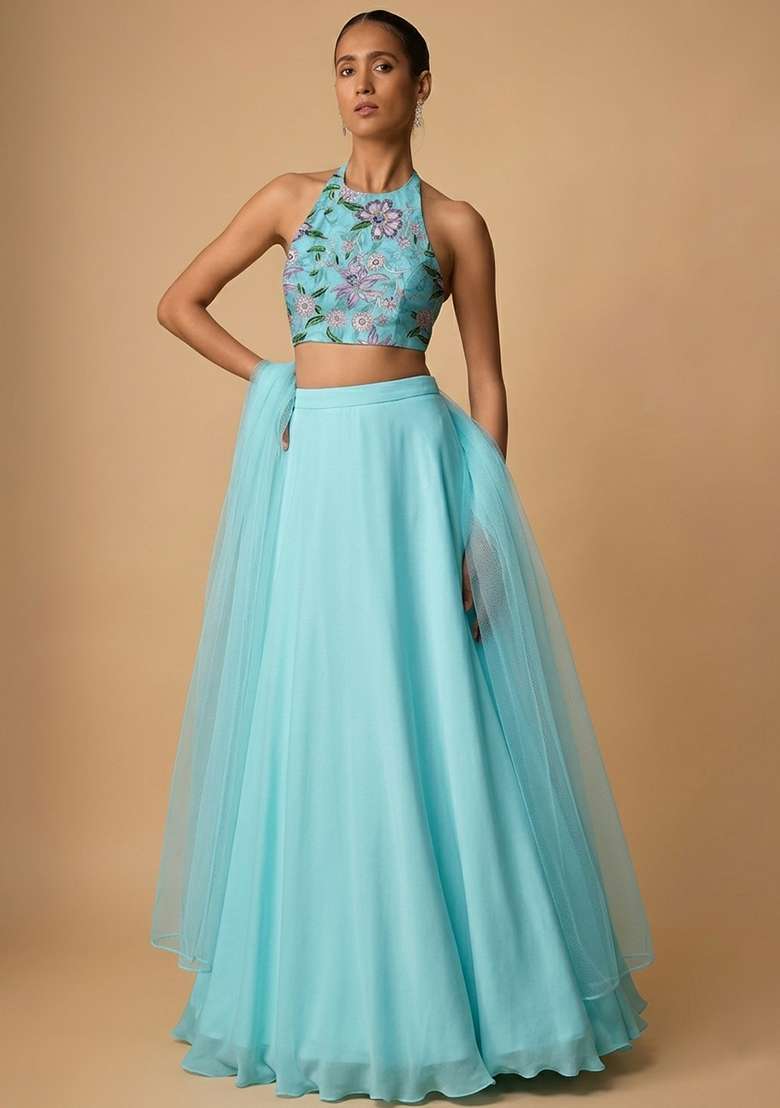 Turquoise Blue Embroidered Organza Lehenga Set - Indya