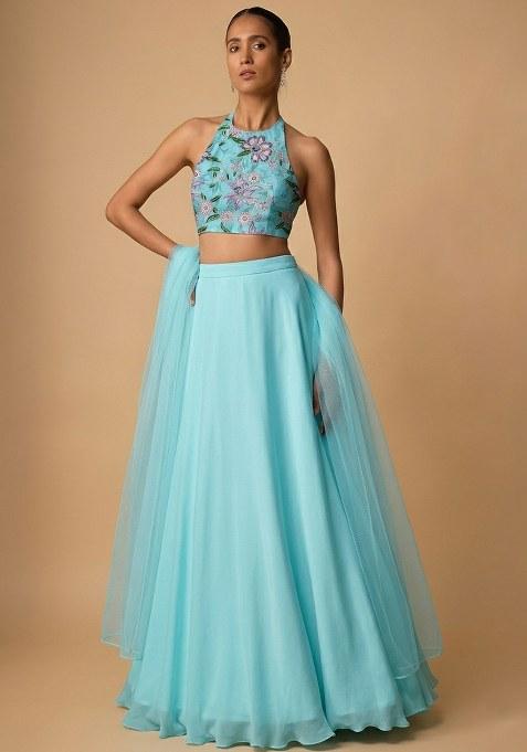Turquoise Blue Embroidered Organza Lehenga Set