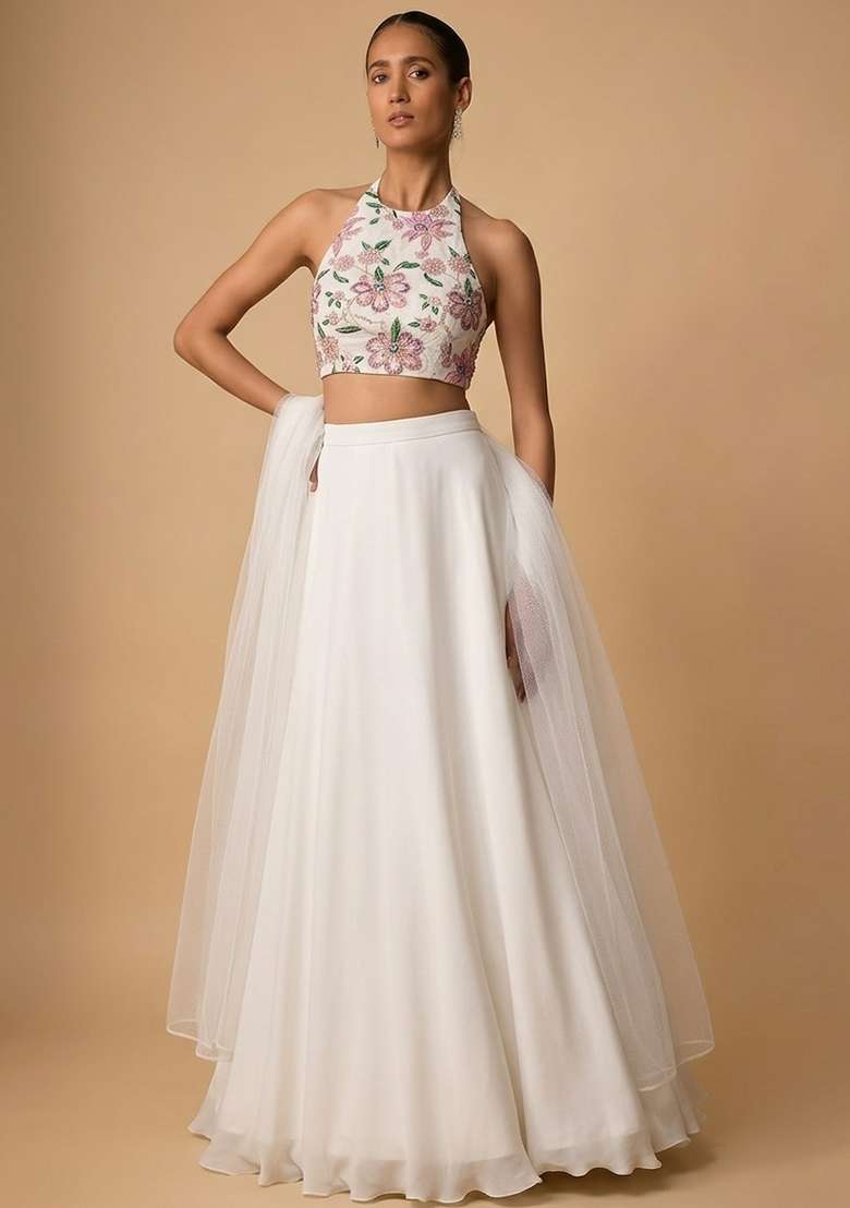 White Embroidered Organza Lehenga Set - Indya