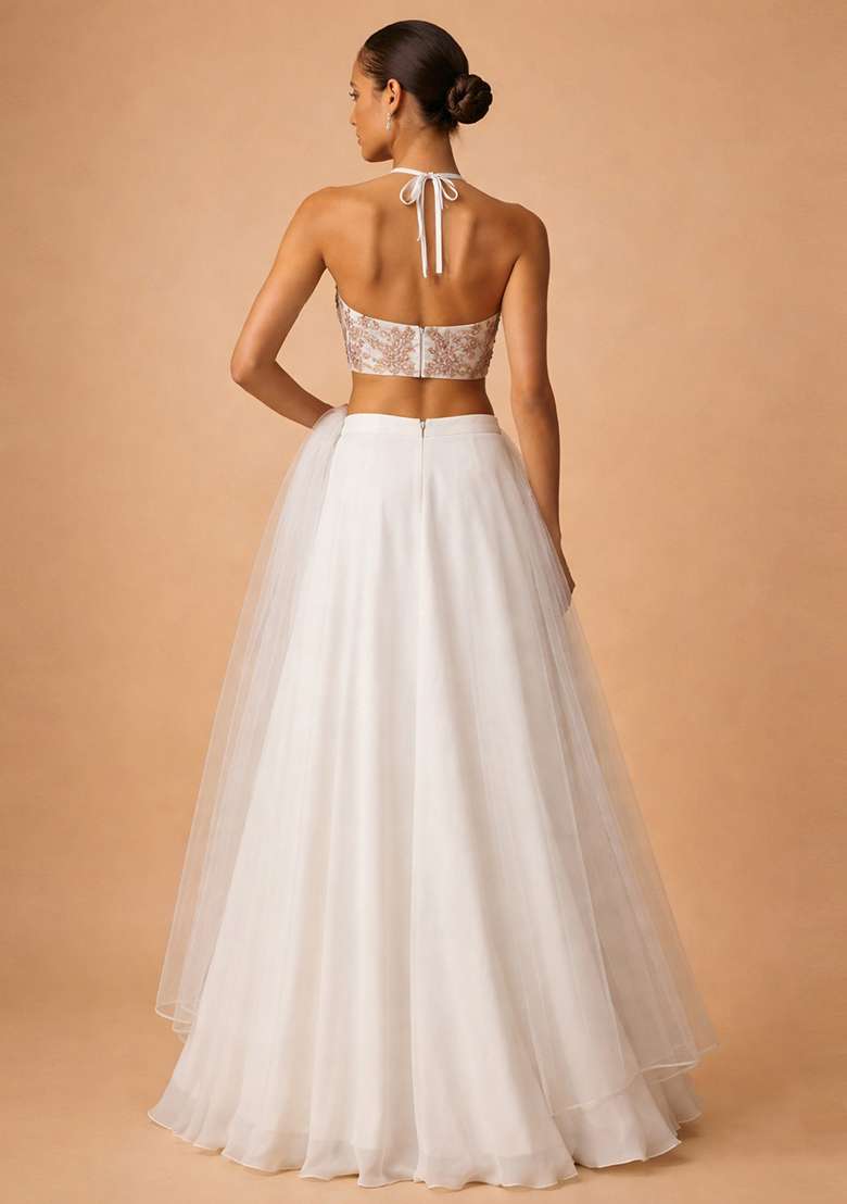 White Embroidered Organza Lehenga Set - Indya