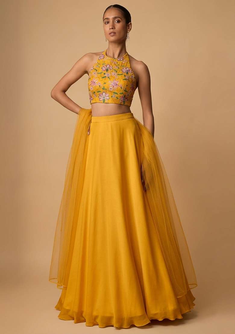 Mustard Embroidered Organza Lehenga Set - Indya