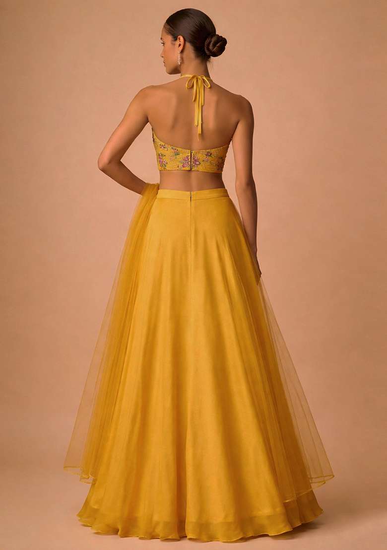 Mustard Embroidered Organza Lehenga Set - Indya