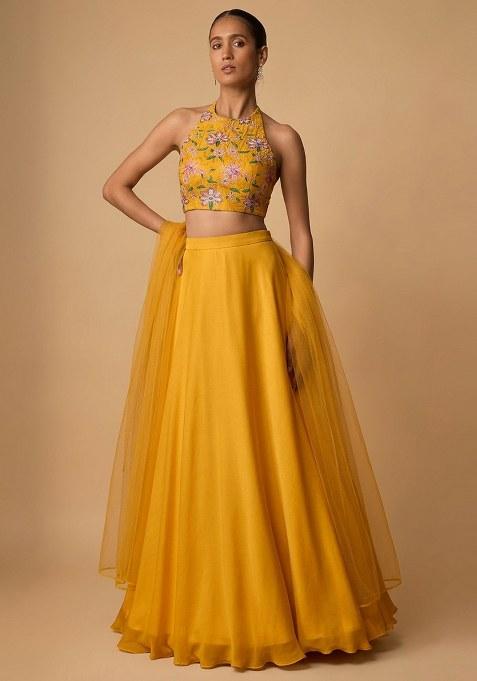 Mustard Embroidered Organza Lehenga Set