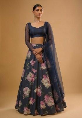 Navy Blue Printed Georgette Lehenga Set