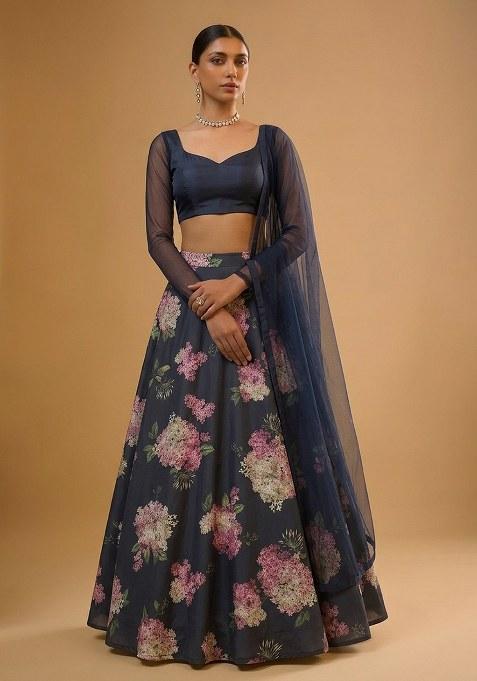 Navy Blue Printed Georgette Lehenga Set