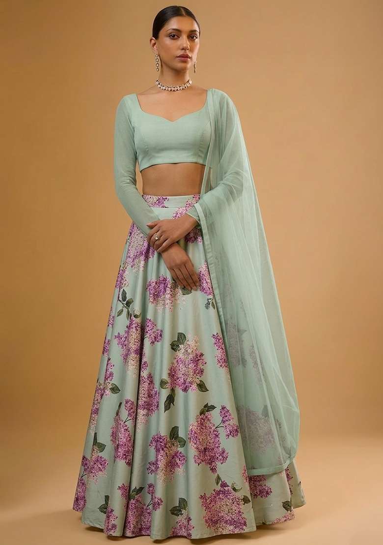 Powder Blue Printed Georgette Lehenga Set - Indya