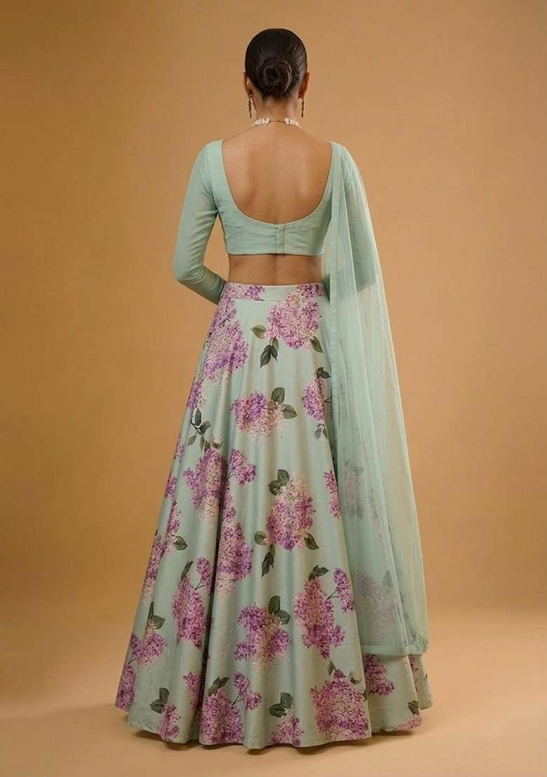 Powder Blue Printed Georgette Lehenga Set - Indya