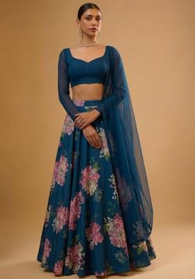 Navy Blue Printed Georgette Lehenga Set