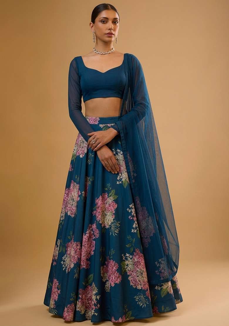 Navy Blue Printed Georgette Lehenga Set - Indya