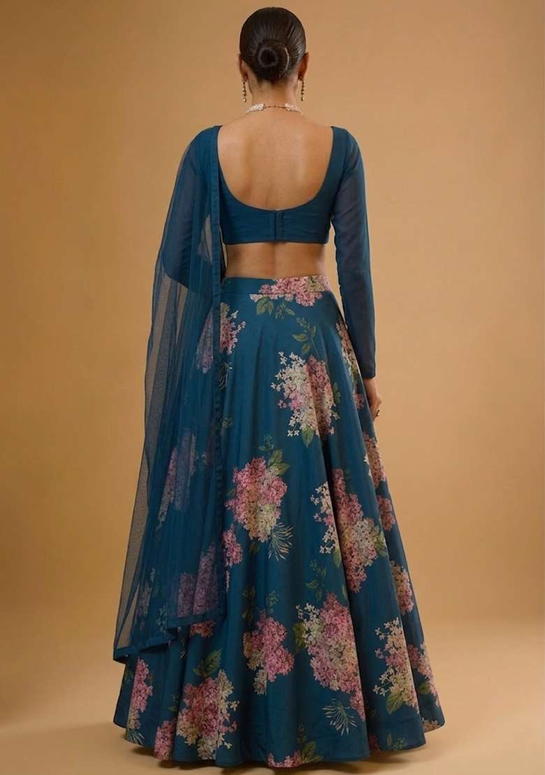 Navy Blue Printed Georgette Lehenga Set - Indya