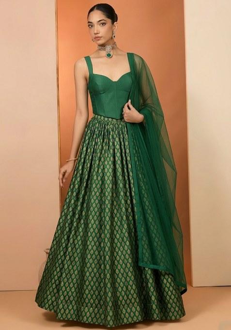 Emerald Green Brocade Lehenga Set