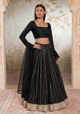 Jet Black Embroidered Crepe Lehenga Set