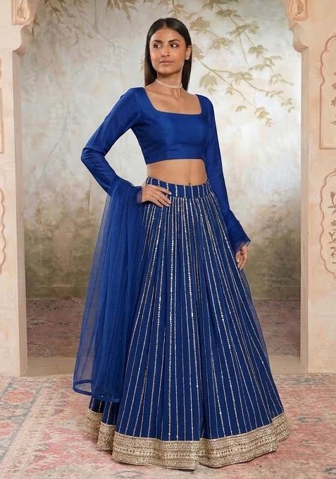 Blue Embroidered Crepe Lehenga Set