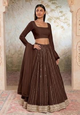 Brown Embroidered Crepe Lehenga Set