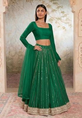 Green Embroidered Crepe Lehenga Set