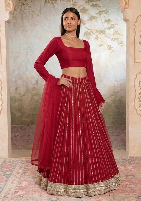 Red Embroidered Crepe Lehenga Set
