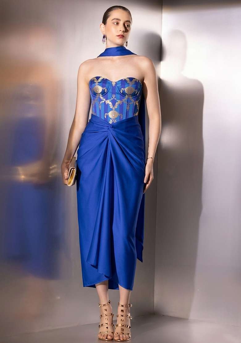 Royal Blue Zari Satin Fusion Set - Indya