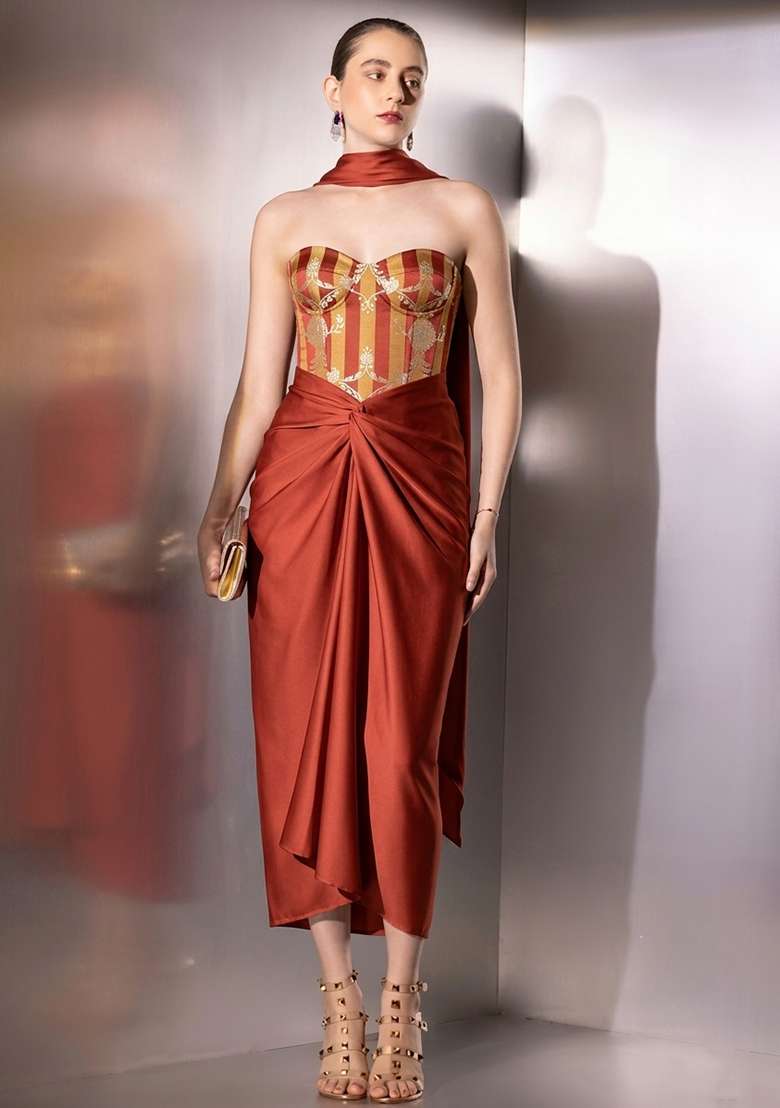 Burnt Orange Zari Satin Fusion Set - Indya