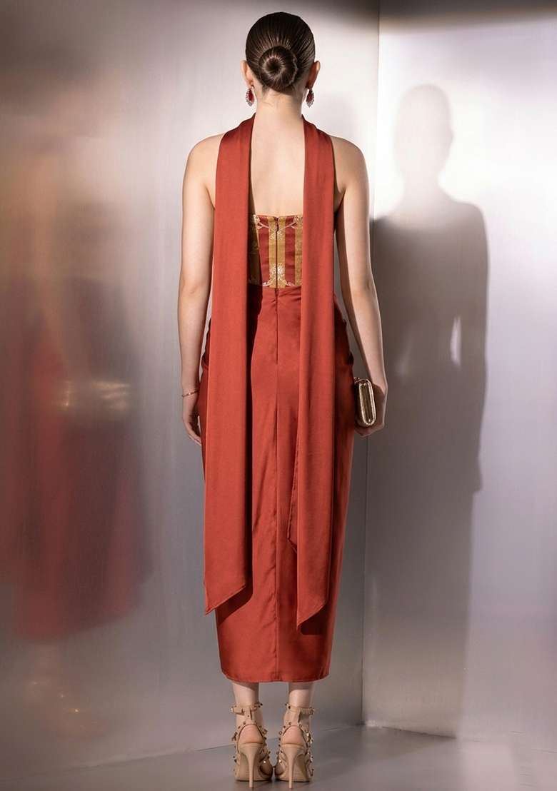 Burnt Orange Zari Satin Fusion Set - Indya