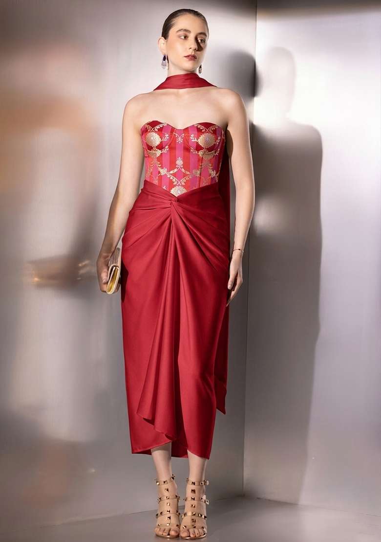 Red Zari Satin Fusion Set for Diwali and Festive Wear - Indya