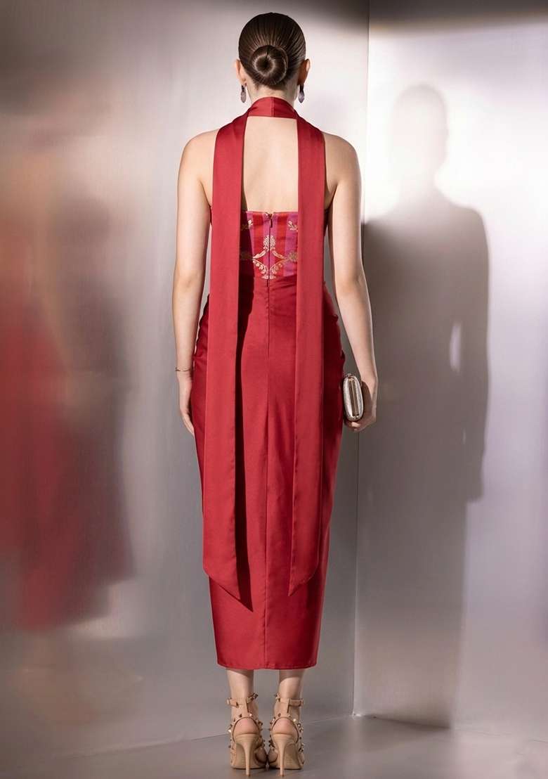 Red Zari Satin Fusion Set for Diwali and Festive Wear - Indya