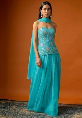 Teal Blue Embroidered Tissue Lehenga Set