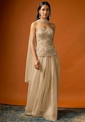 Sand Beige Embroidered Tissue Lehenga Set