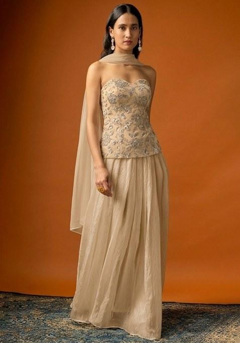 Sand Beige Embroidered Tissue Lehenga Set