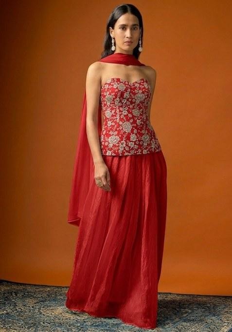 Red Embroidered Tissue Lehenga Set