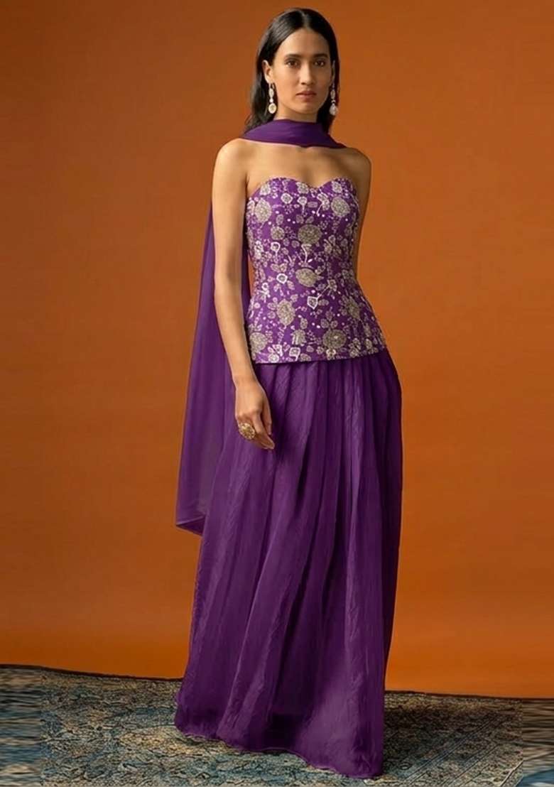 Purple Embroidered Tissue Lehenga Set - Indya