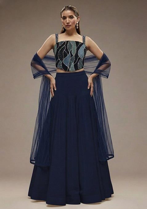 Navy Blue Embroidered  Lehenga Set